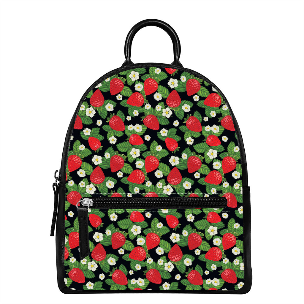 Strawberry And Flower Pattern Print Leather Backpack