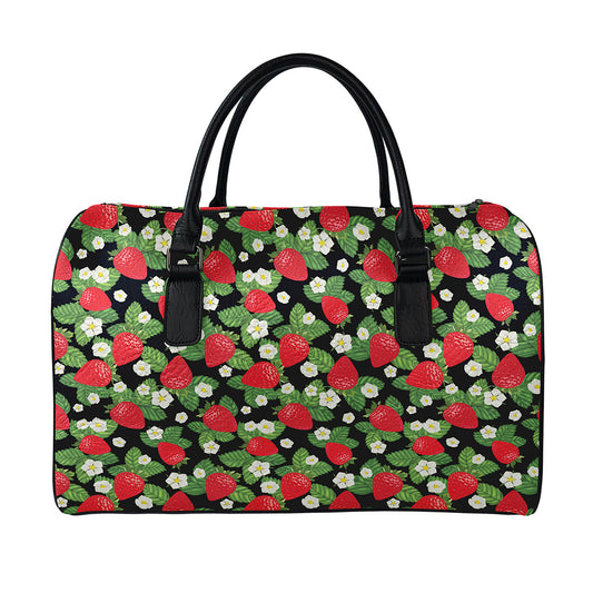 Strawberry And Flower Pattern Print Leather Duffle Bag