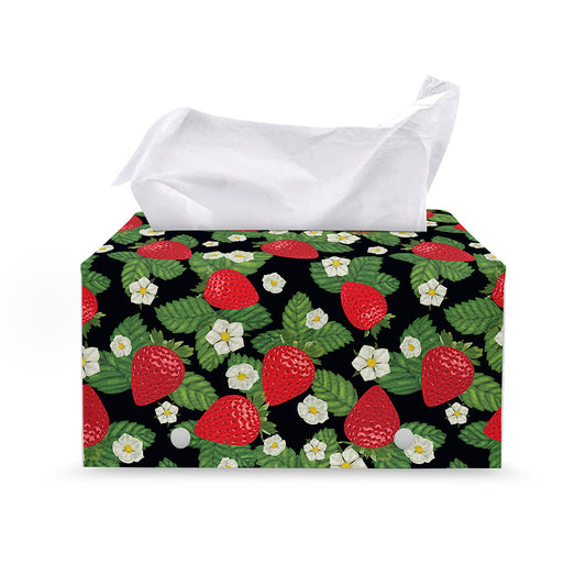 Strawberry And Flower Pattern Print Leather Tissue Box Cover