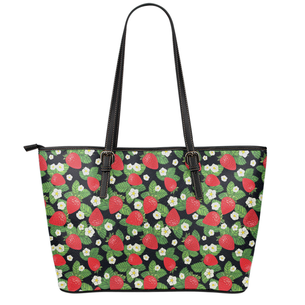 Strawberry And Flower Pattern Print Leather Tote Bag