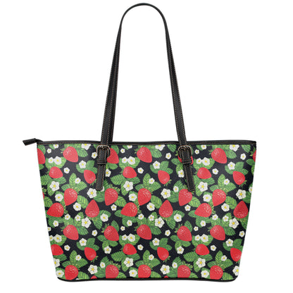 Strawberry And Flower Pattern Print Leather Tote Bag