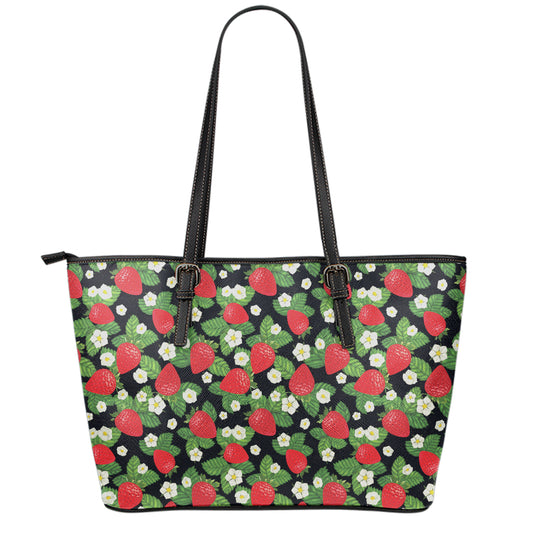 Strawberry And Flower Pattern Print Leather Tote Bag
