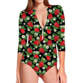 Strawberry And Flower Pattern Print Long Sleeve Swimsuit