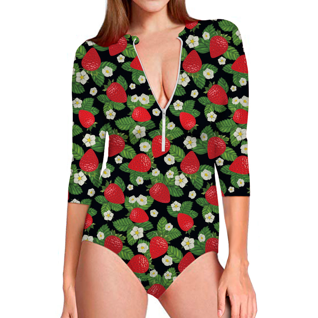 Strawberry And Flower Pattern Print Long Sleeve Swimsuit