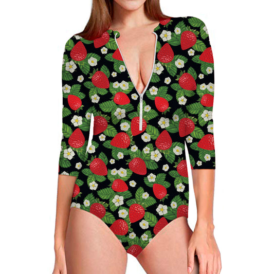 Strawberry And Flower Pattern Print Long Sleeve Swimsuit