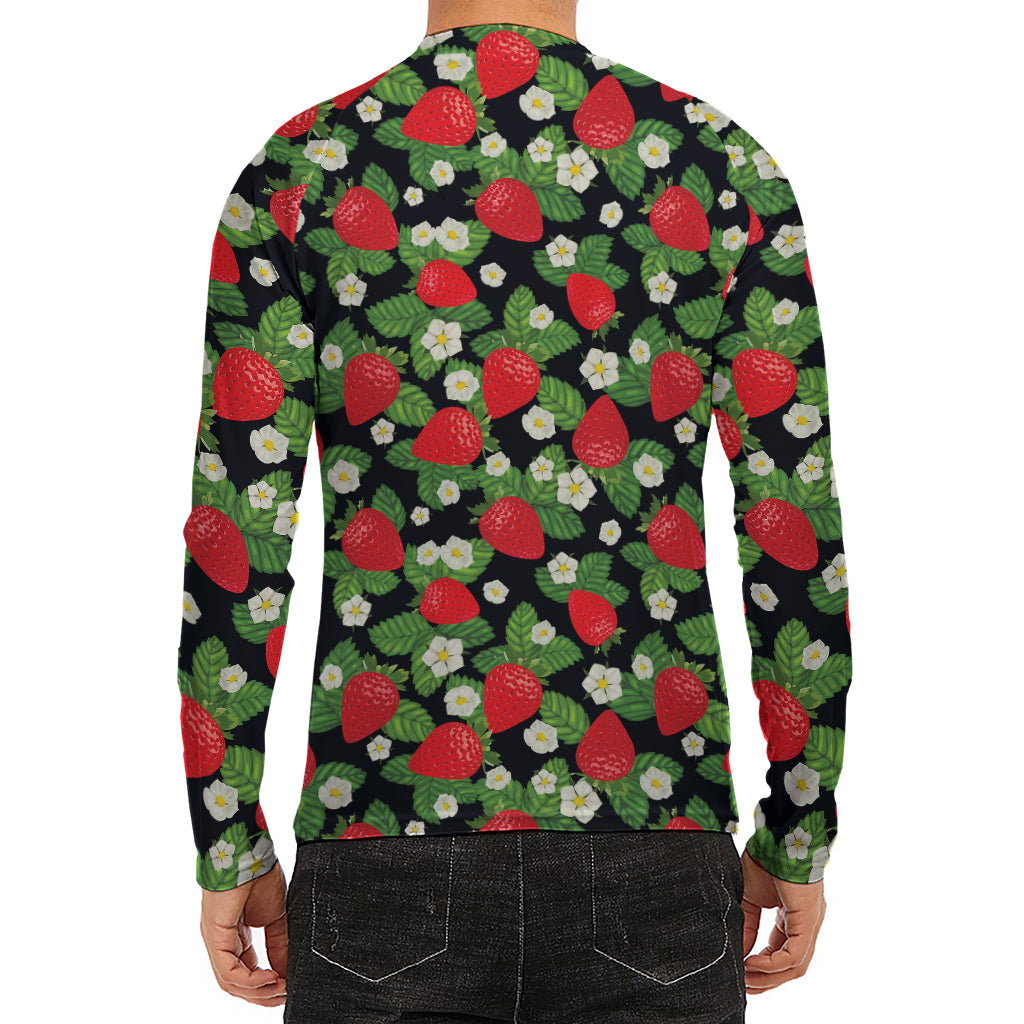 Strawberry And Flower Pattern Print Men's Long Sleeve Rash Guard