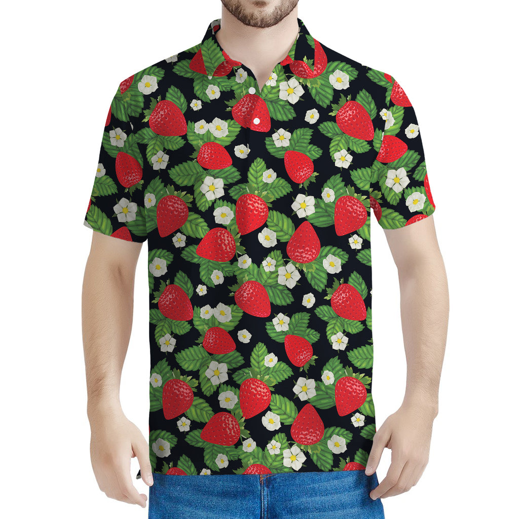 Strawberry And Flower Pattern Print Men's Polo Shirt