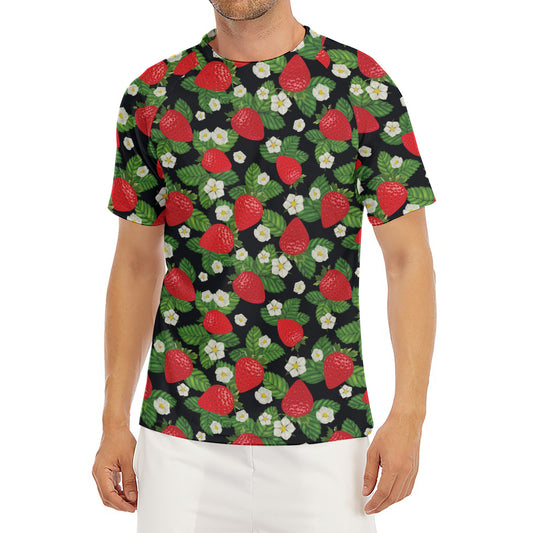 Strawberry And Flower Pattern Print Men's Short Sleeve Rash Guard