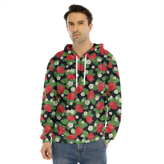 Strawberry And Flower Pattern Print Men's Velvet Pullover Hoodie