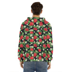 Strawberry And Flower Pattern Print Men's Velvet Pullover Hoodie