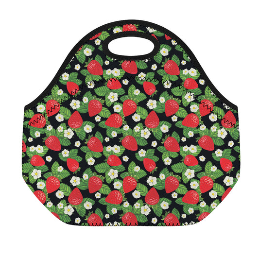 Strawberry And Flower Pattern Print Neoprene Lunch Bag