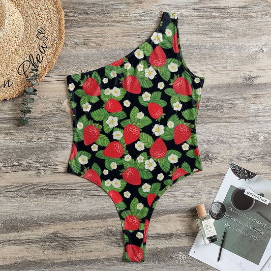 Strawberry And Flower Pattern Print One Shoulder Bodysuit