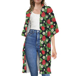 Strawberry And Flower Pattern Print Open Front Beach Cover Up
