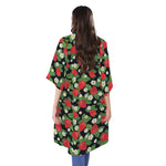 Strawberry And Flower Pattern Print Open Front Beach Cover Up