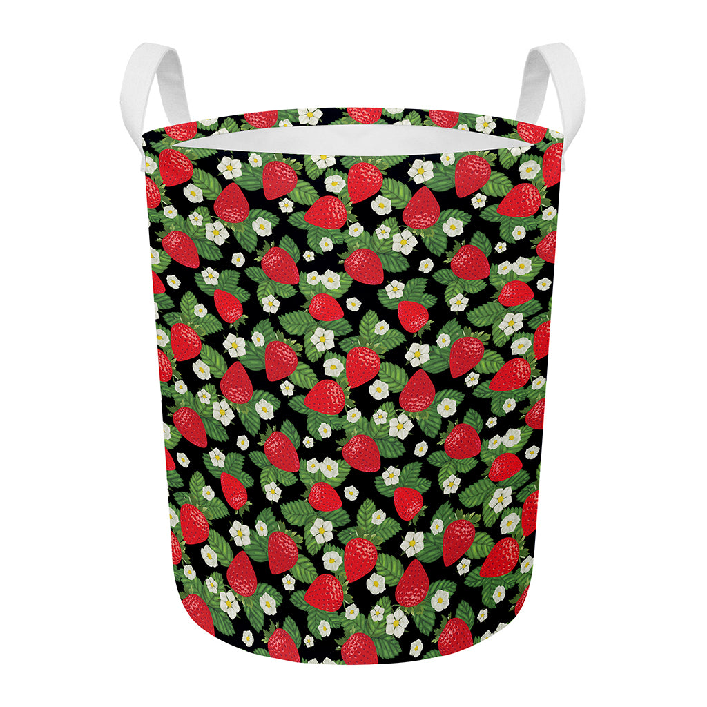 Strawberry And Flower Pattern Print Round Laundry Basket