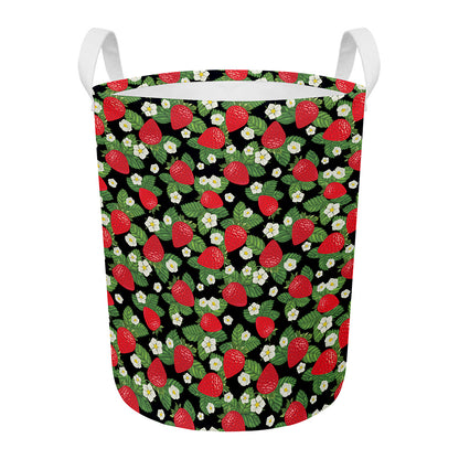 Strawberry And Flower Pattern Print Round Laundry Basket
