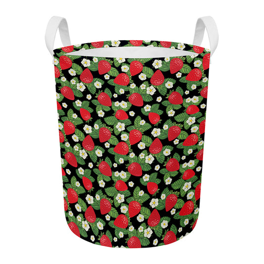 Strawberry And Flower Pattern Print Round Laundry Basket