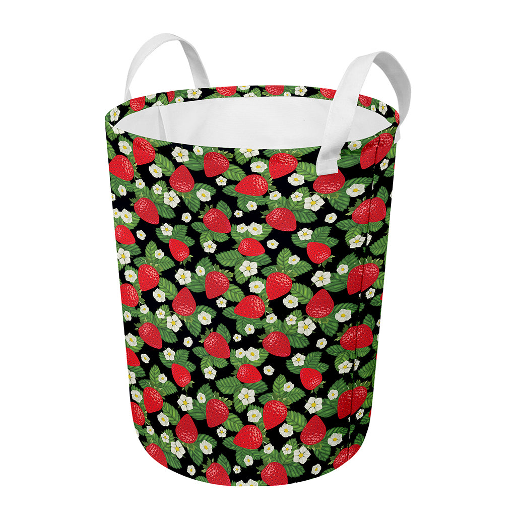 Strawberry And Flower Pattern Print Round Laundry Basket