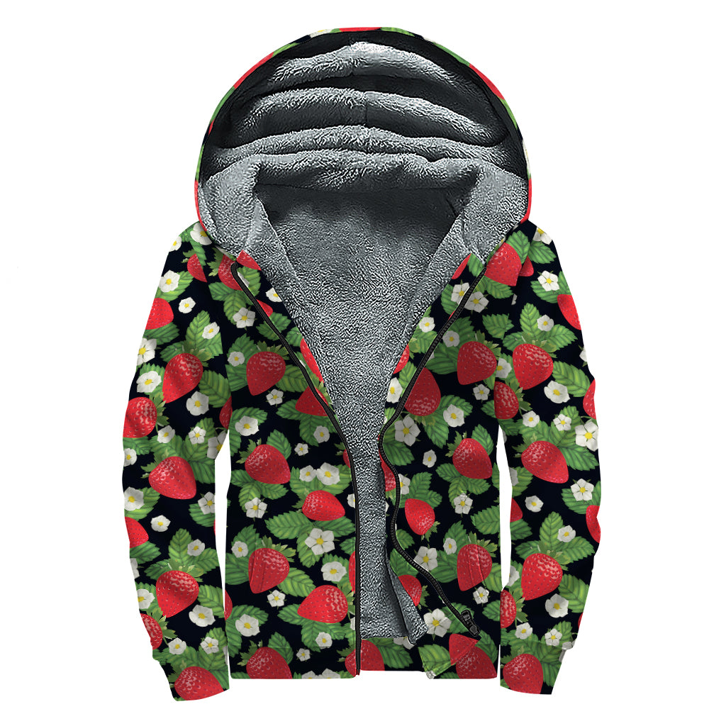 Strawberry And Flower Pattern Print Sherpa Lined Zip Up Hoodie