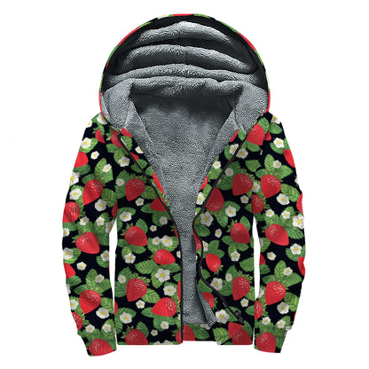 Strawberry And Flower Pattern Print Sherpa Lined Zip Up Hoodie