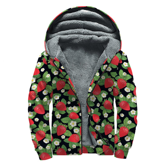 Strawberry And Flower Pattern Print Sherpa Lined Zip Up Hoodie