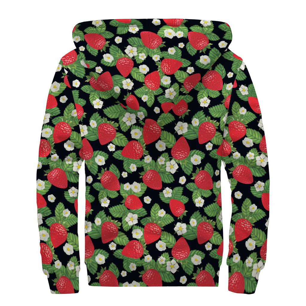 Strawberry And Flower Pattern Print Sherpa Lined Zip Up Hoodie
