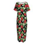 Strawberry And Flower Pattern Print Short Sleeve Long Nightdress