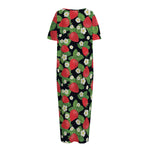 Strawberry And Flower Pattern Print Short Sleeve Long Nightdress