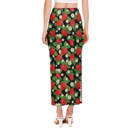 Strawberry And Flower Pattern Print Side Slit Maxi Skirt
