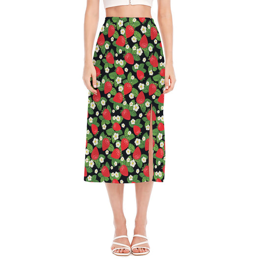 Strawberry And Flower Pattern Print Side Slit Midi Skirt