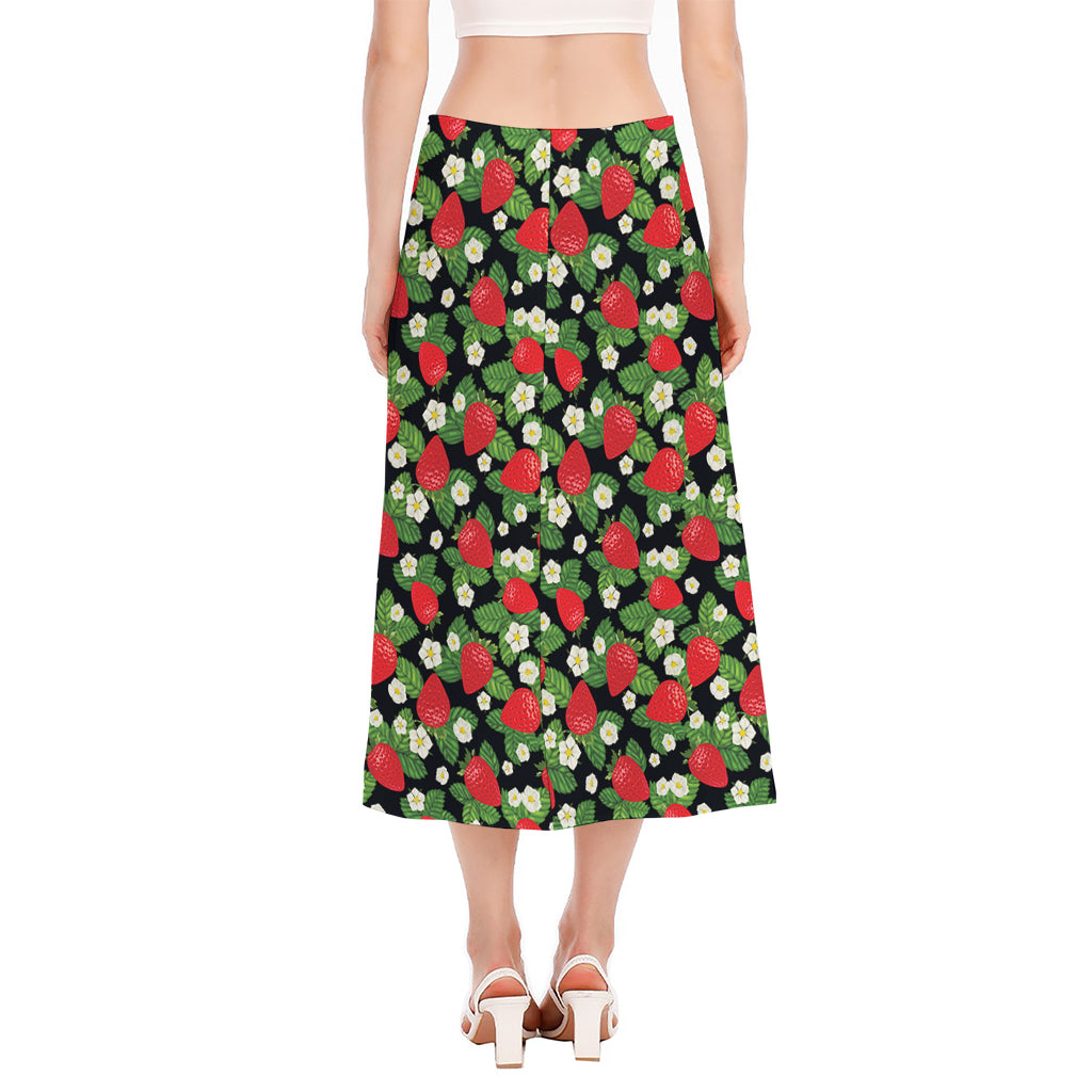 Strawberry And Flower Pattern Print Side Slit Midi Skirt
