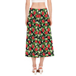 Strawberry And Flower Pattern Print Side Slit Midi Skirt