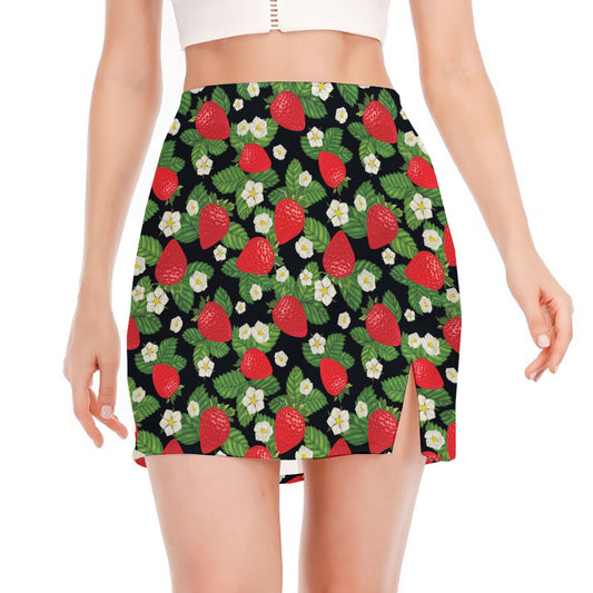 Strawberry And Flower Pattern Print Side Slit Mini Skirt