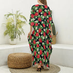 Strawberry And Flower Pattern Print Silk V-Neck Kaftan Dress