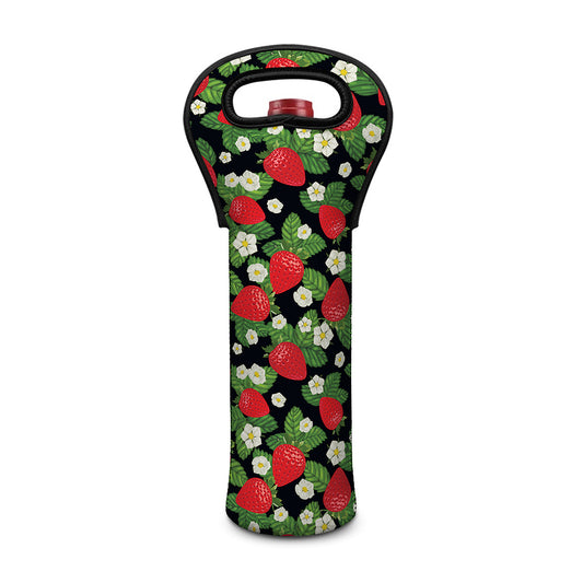 Strawberry And Flower Pattern Print Single Neoprene Wine Tote