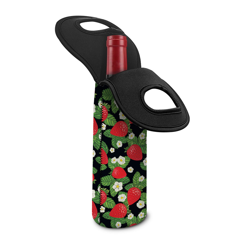 Strawberry And Flower Pattern Print Single Neoprene Wine Tote