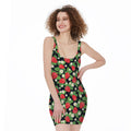 Strawberry And Flower Pattern Print Sleeveless Bodycon Dress