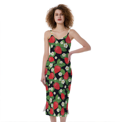 Strawberry And Flower Pattern Print Slim Fit Midi Cami Dress