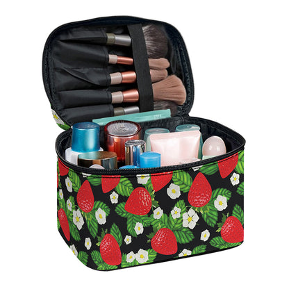Strawberry And Flower Pattern Print Travel Makeup Bag