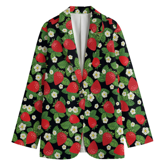 Strawberry And Flower Pattern Print Women's Cotton Blazer