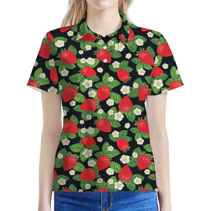 Strawberry And Flower Pattern Print Women's Polo Shirt