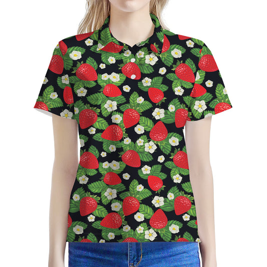 Strawberry And Flower Pattern Print Women's Polo Shirt