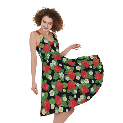 Strawberry And Flower Pattern Print Women's Sleeveless Dress