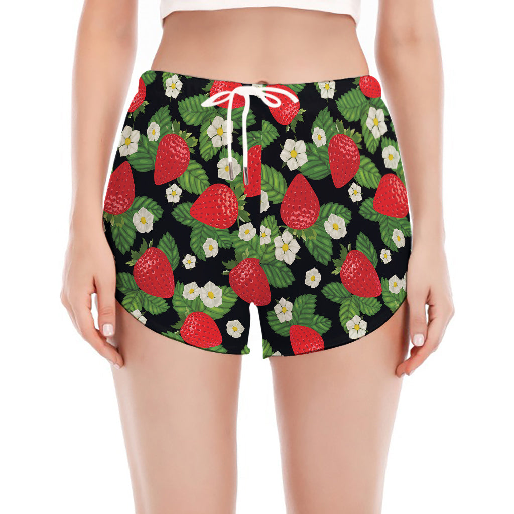Strawberry And Flower Pattern Print Women's Split Running Shorts