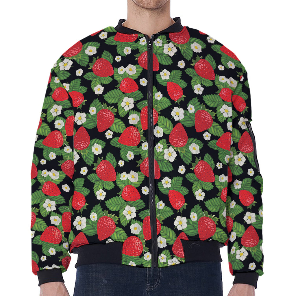 Strawberry And Flower Pattern Print Zip Sleeve Bomber Jacket