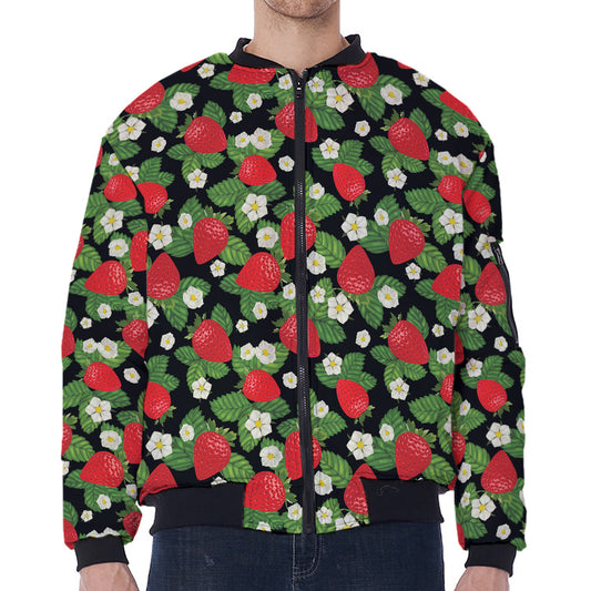 Strawberry And Flower Pattern Print Zip Sleeve Bomber Jacket