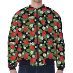 Strawberry And Flower Pattern Print Zip Sleeve Bomber Jacket