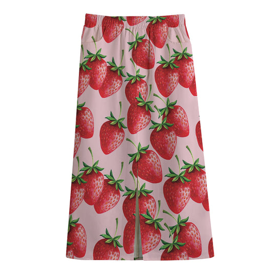 Strawberry Fruit Pattern Print Cotton Front Slit Maxi Skirt