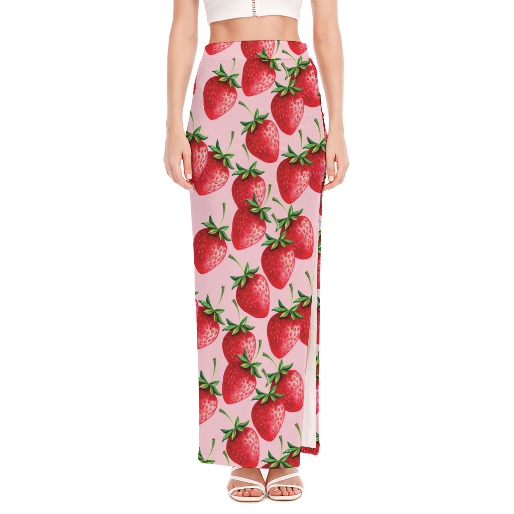 Strawberry Fruit Pattern Print High Slit Maxi Skirt