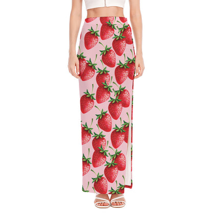 Strawberry Fruit Pattern Print High Slit Maxi Skirt